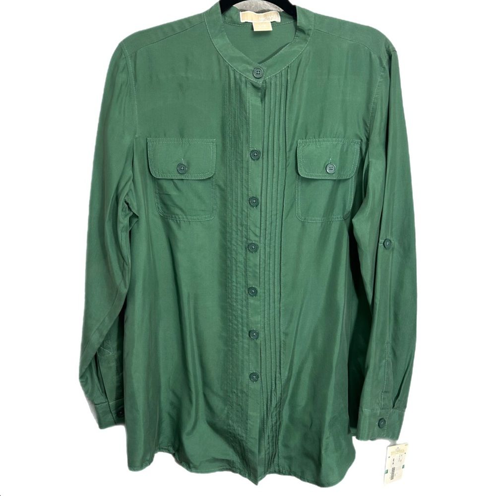 Nwt Michael Michael Kors Womenâs Large Solid Green Silk Long Sleeve Button Down